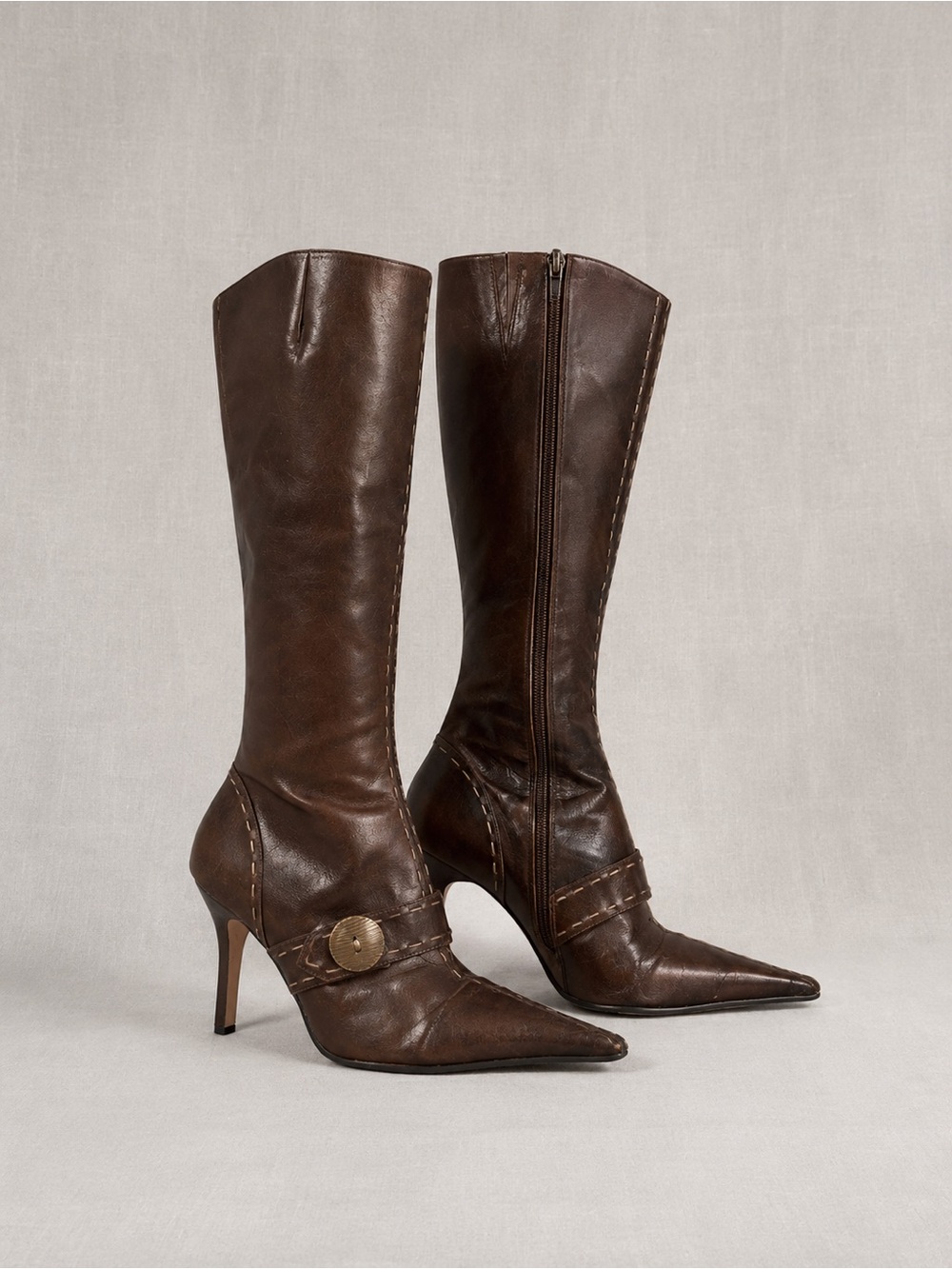 Faith’s Real Leather Pointed-Toe Stiletto Knee Boots with Decorative Buckle